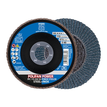 Pferd 4-1/2" x 7/8" A.H. POLIFAN Flap Disc - Z SG POWER STEELOX, Zirconia, 40 Grit, Conical 62222